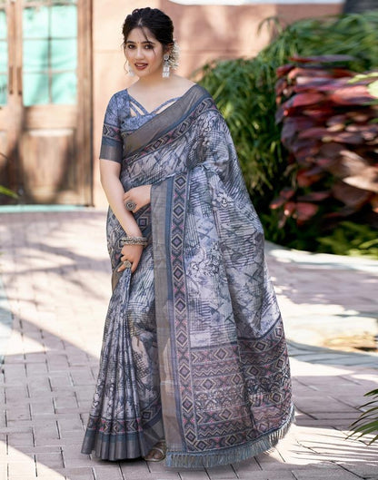 Grey Silk Printed Saree