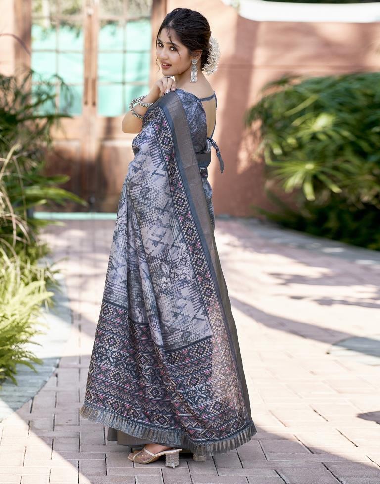 Grey Silk Printed Saree