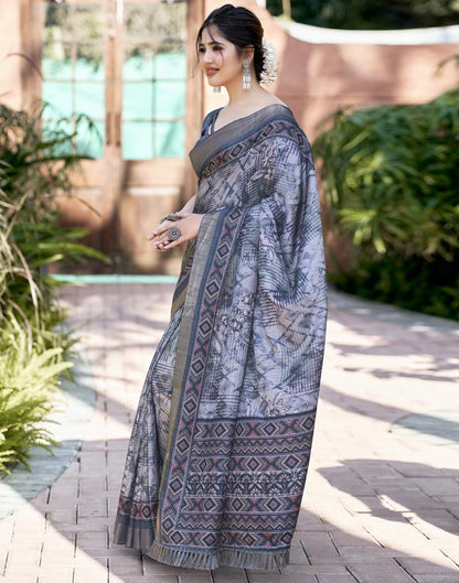 Grey Silk Printed Saree