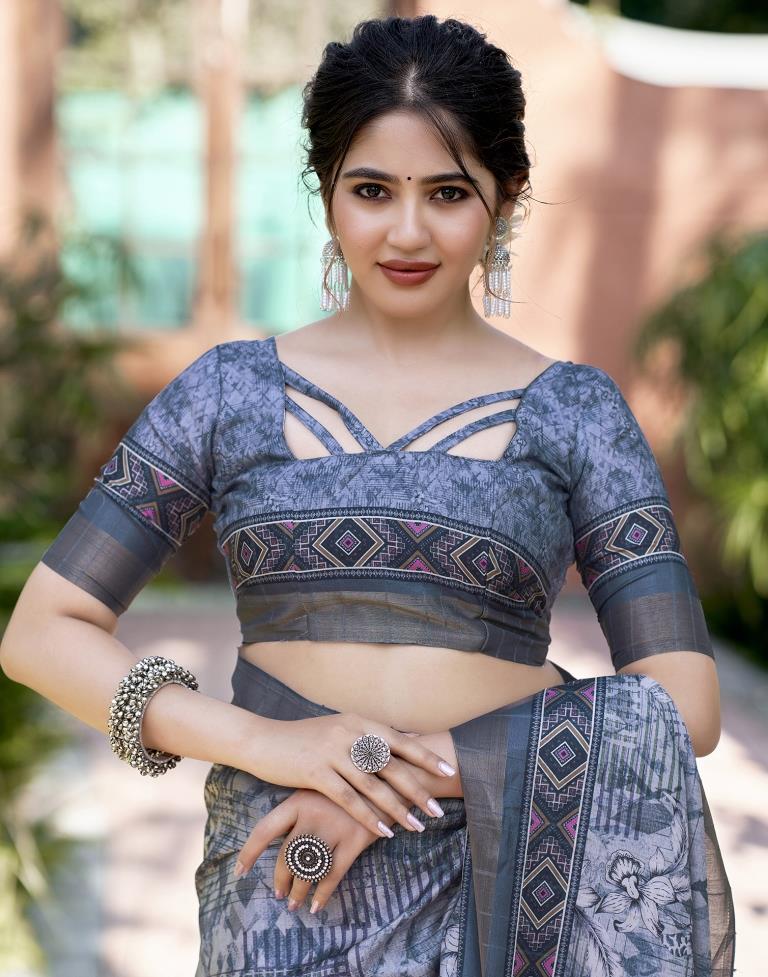 Grey Silk Printed Saree