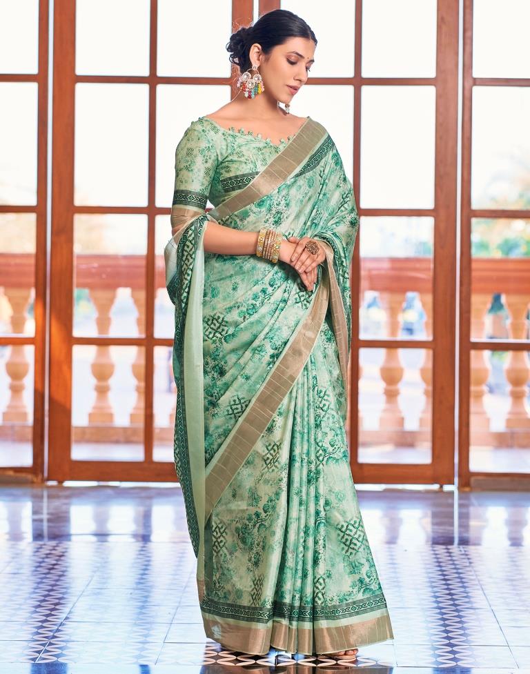 Mint Green Silk Printed Saree