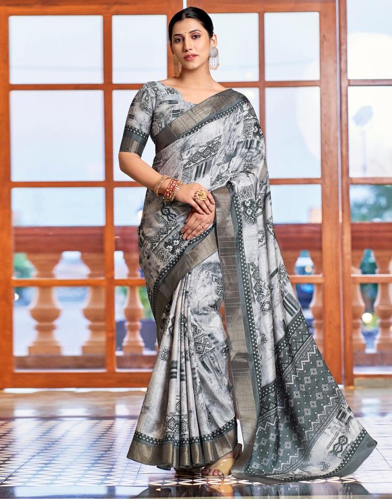 Light Grey Silk Printed Saree