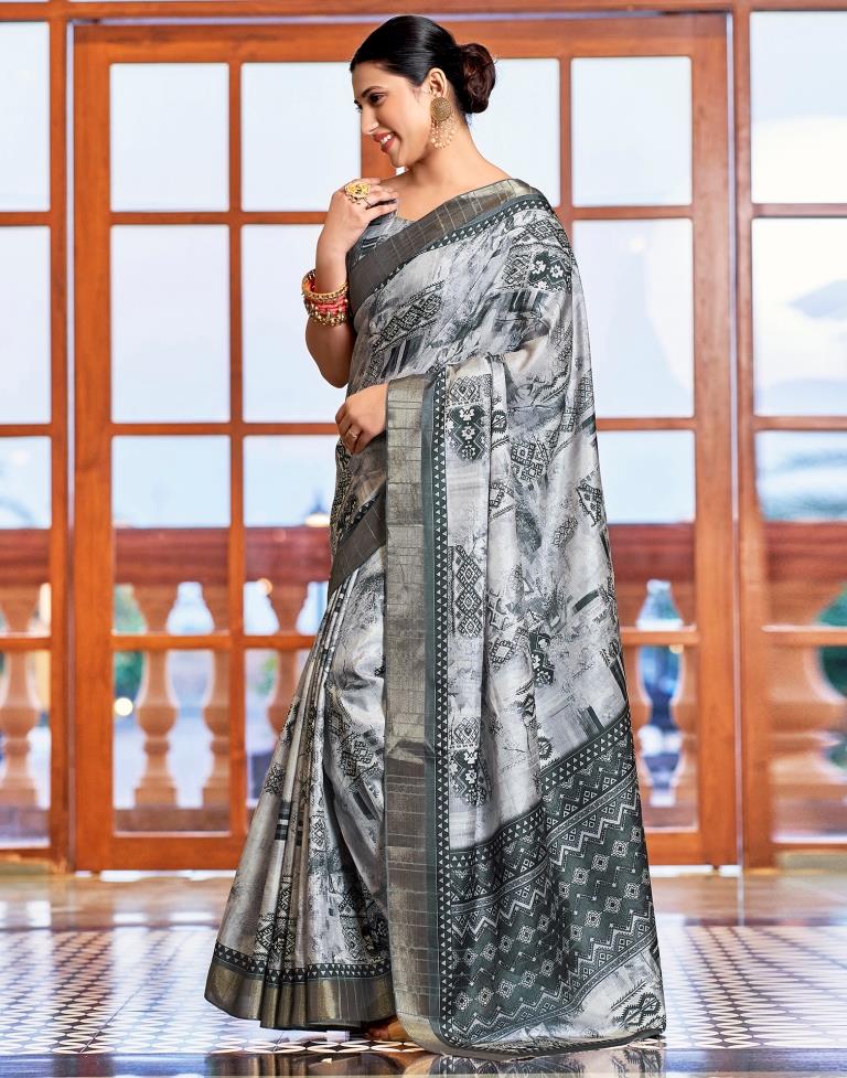 Light Grey Silk Printed Saree