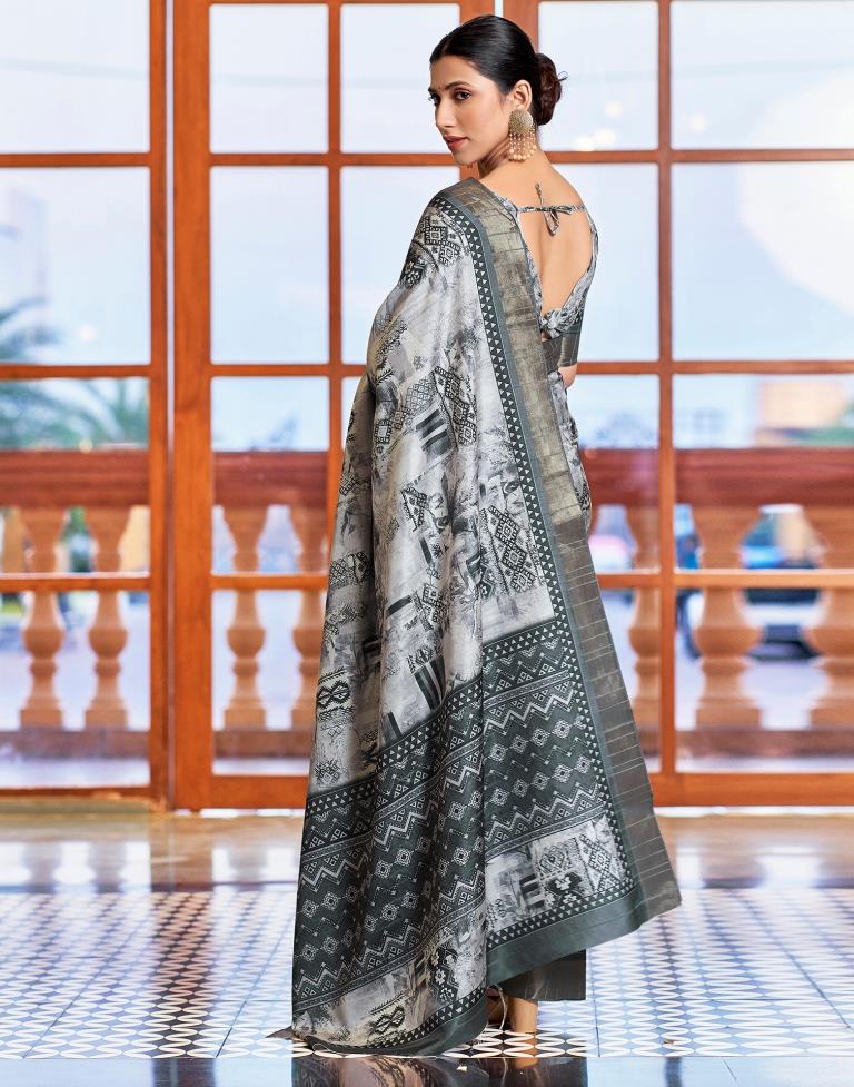 Light Grey Silk Printed Saree