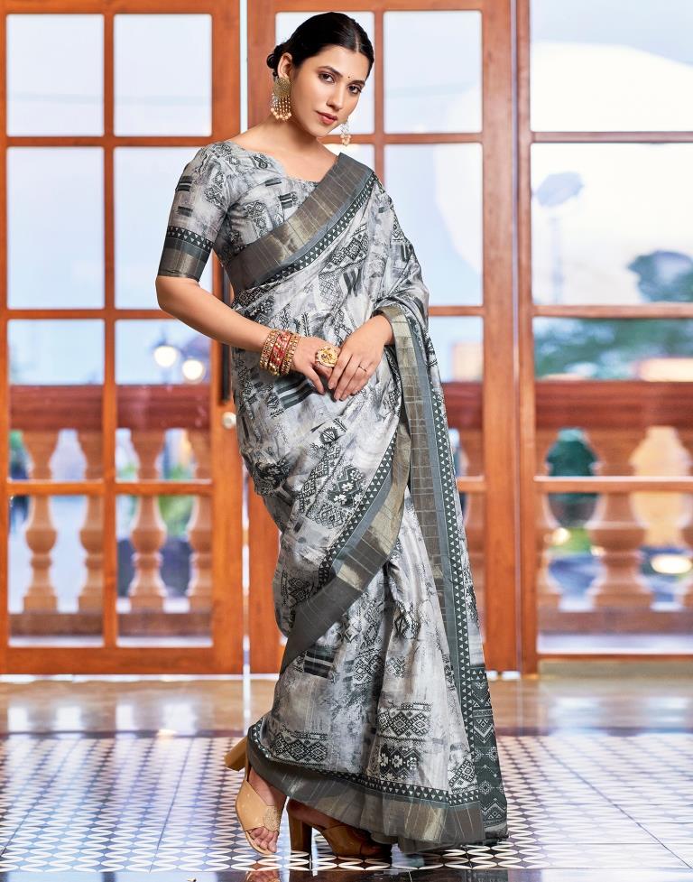 Light Grey Silk Printed Saree