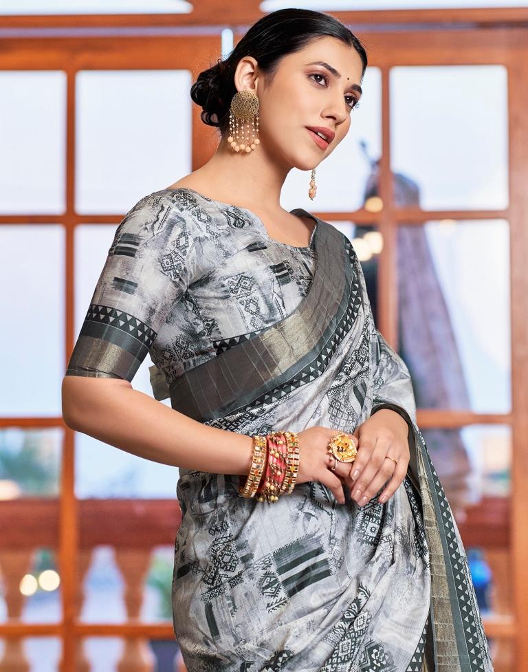 Light Grey Silk Printed Saree