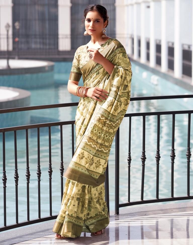 Beige, Silk Printed Saree