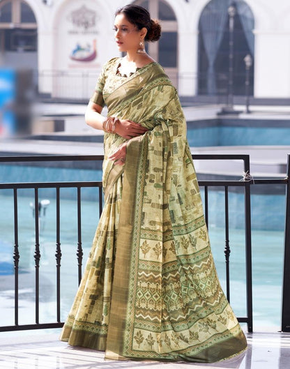 Beige, Silk Printed Saree