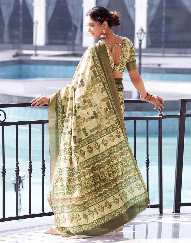 Beige, Silk Printed Saree