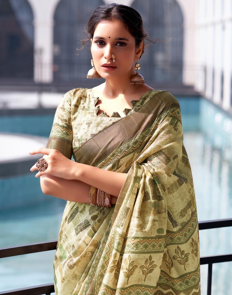 Beige, Silk Printed Saree