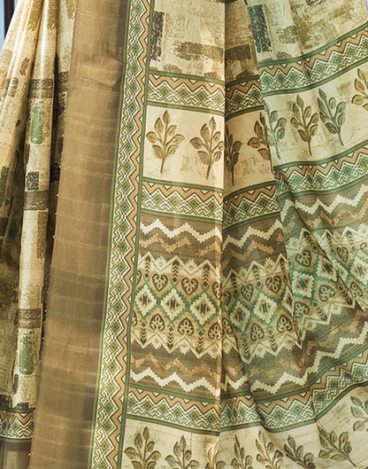 Beige, Silk Printed Saree