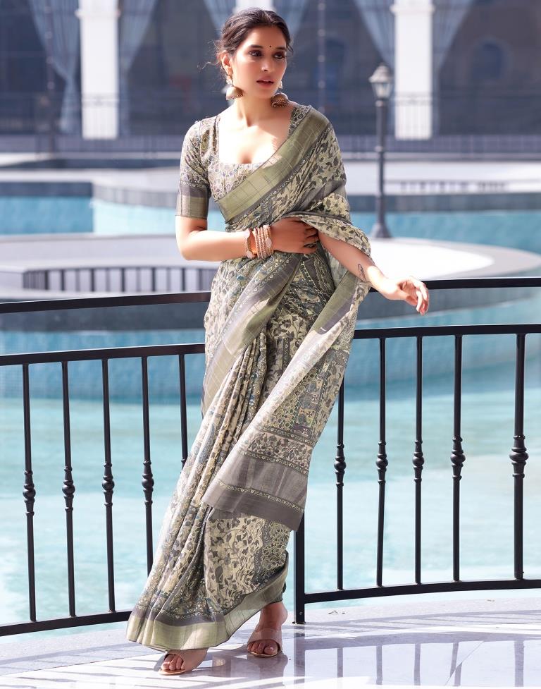 Beige Silk Printed Saree