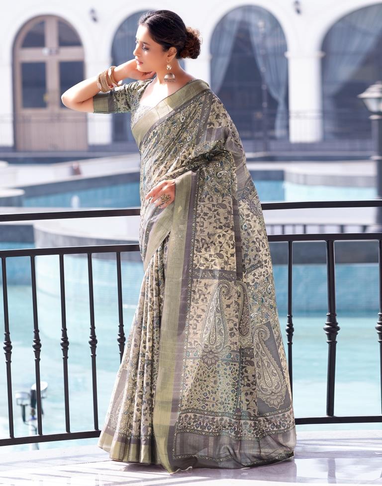 Beige Silk Printed Saree