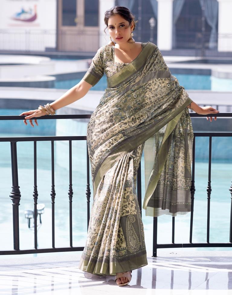 Beige Silk Printed Saree