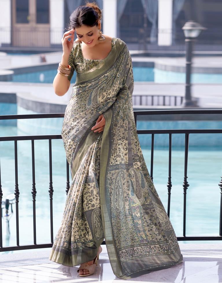 Beige Silk Printed Saree