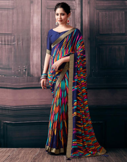 Navy Blue Georgette Printed Saree