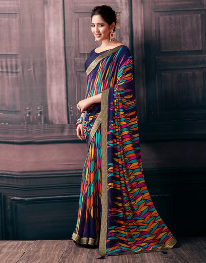 Navy Blue Georgette Printed Saree