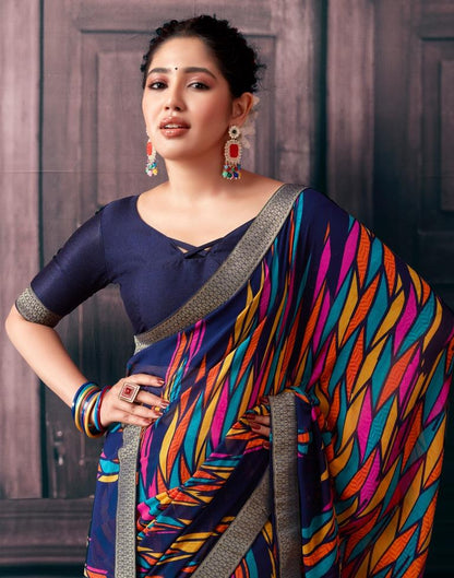 Navy Blue Georgette Printed Saree