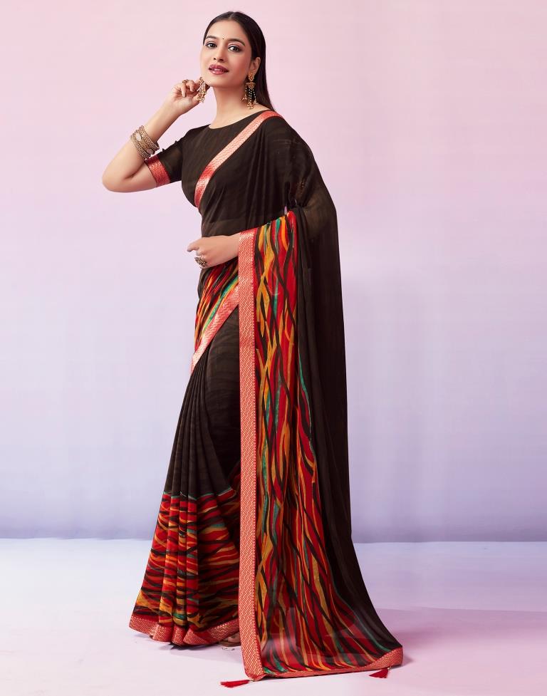 Brown Georgette Printed Saree