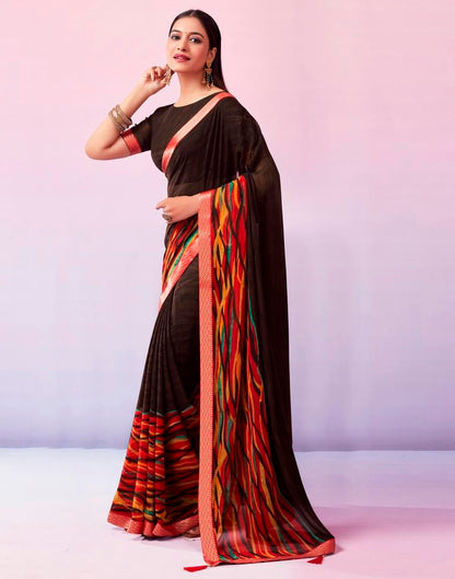 Brown Georgette Printed Saree