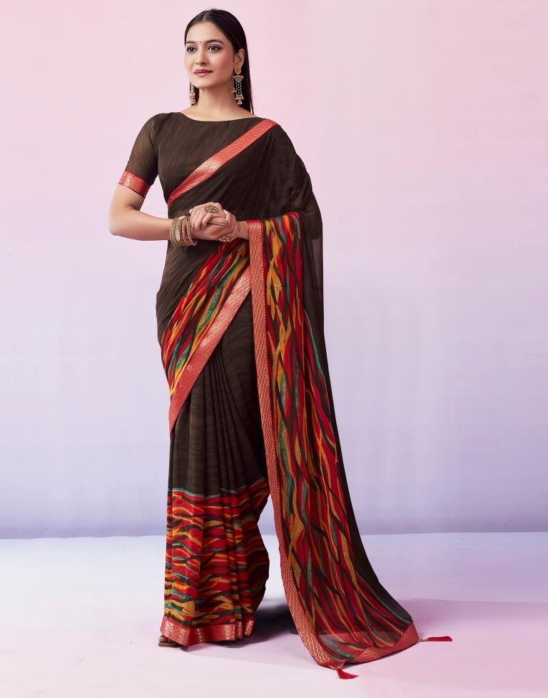 Brown Georgette Printed Saree