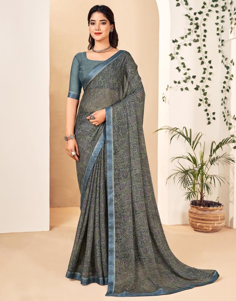 Dusty Green Georgette Printed Saree