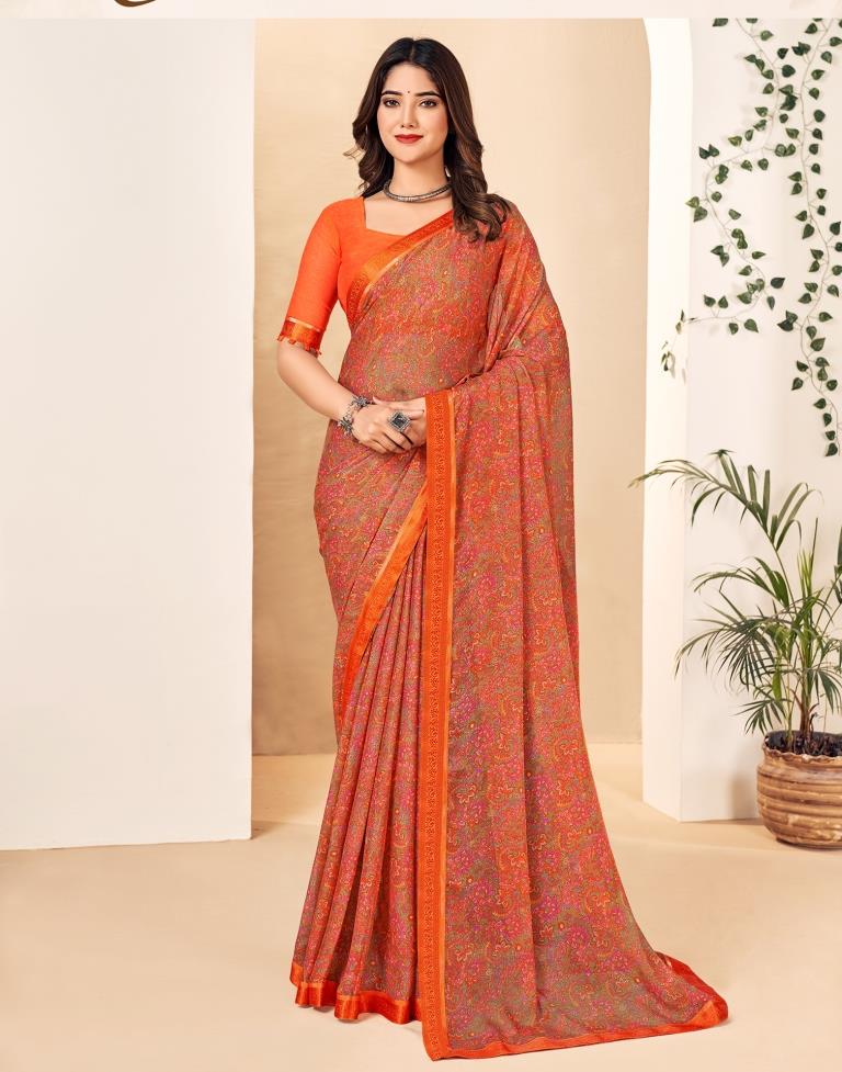 Rust Georgette Printed Saree