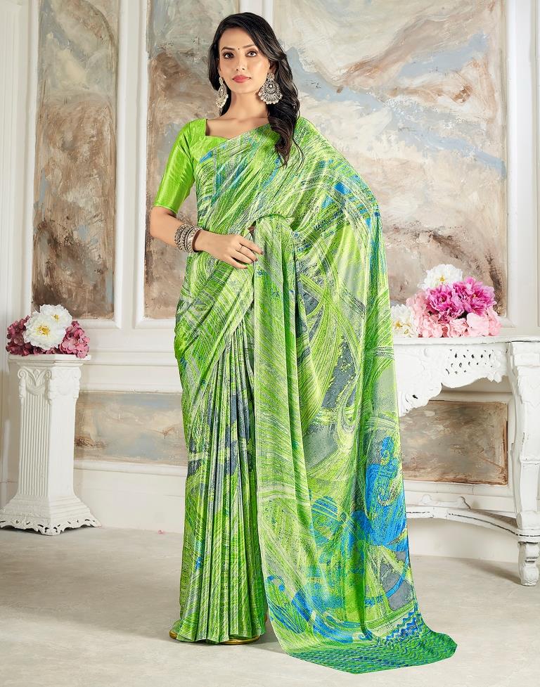 Bright Green Silk Printed Saree