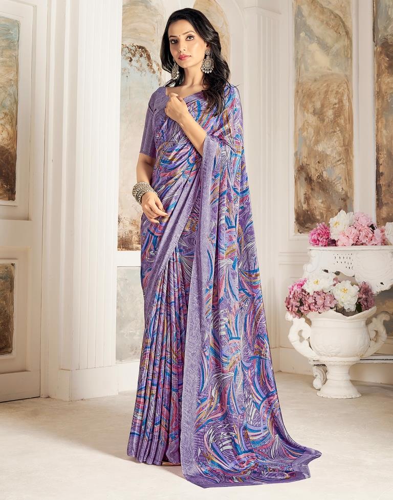 Lavender &amp; Multicoloured Silk Printed Saree