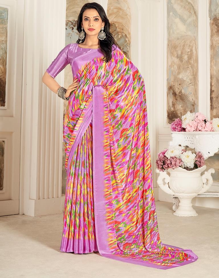 Lavender &amp; Multicoloured Silk Printed Saree