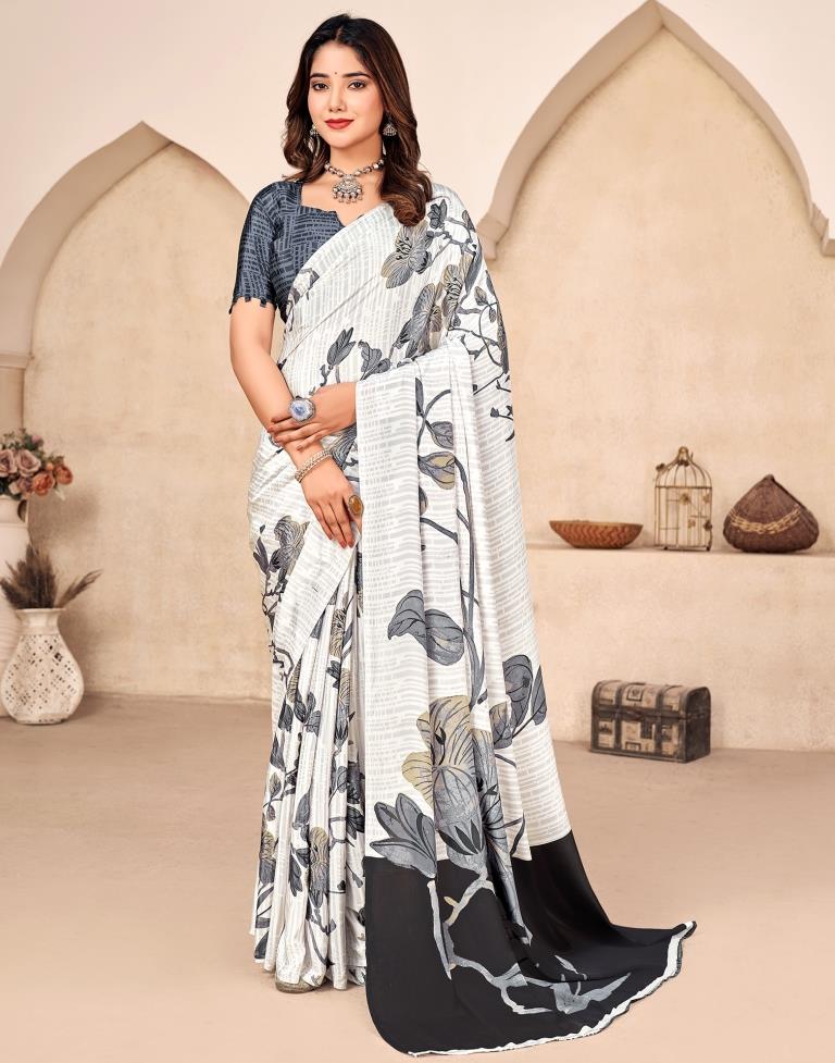 White Silk Printed Saree