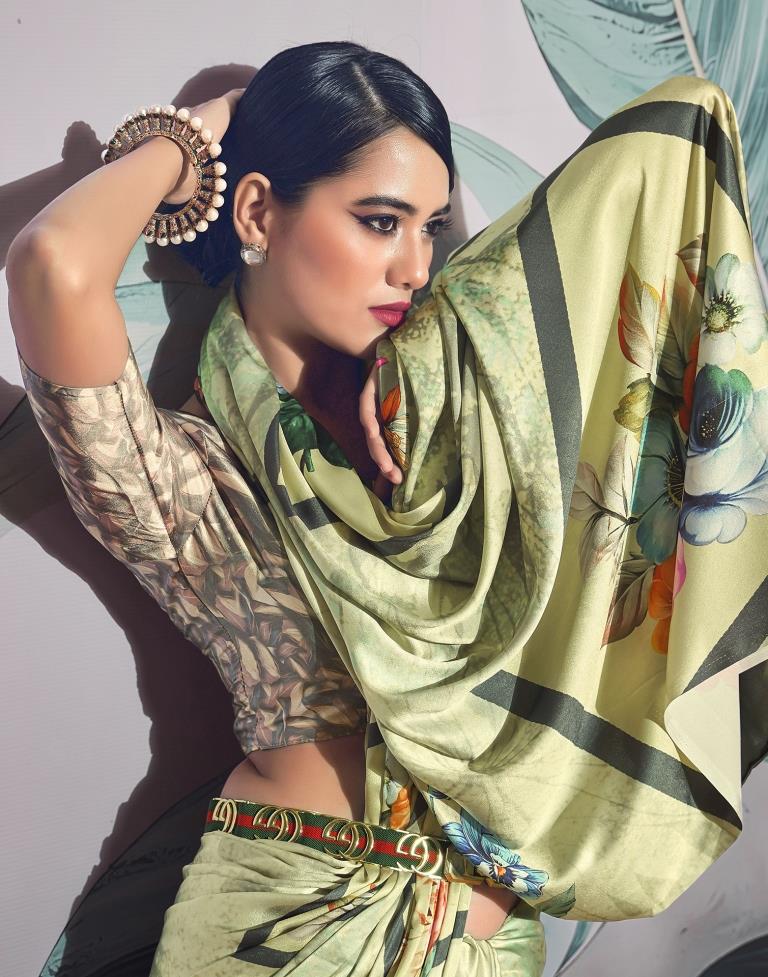 Light Pista Green. Multi Silk Printed Saree