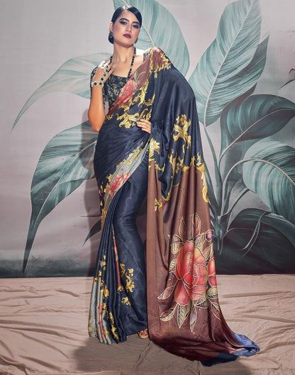 Navy Blue Silk Printed Saree