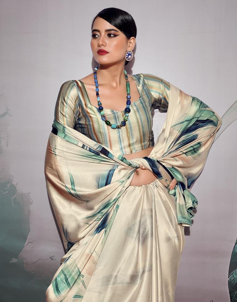 Cream Silk Printed Saree