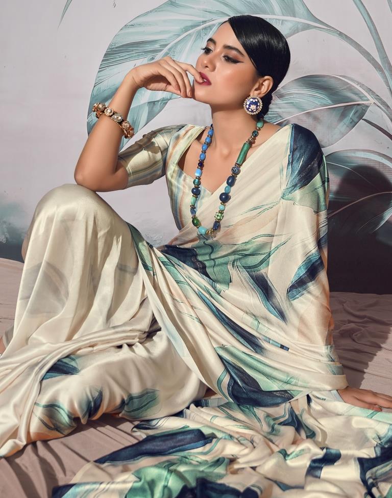 Cream Silk Printed Saree