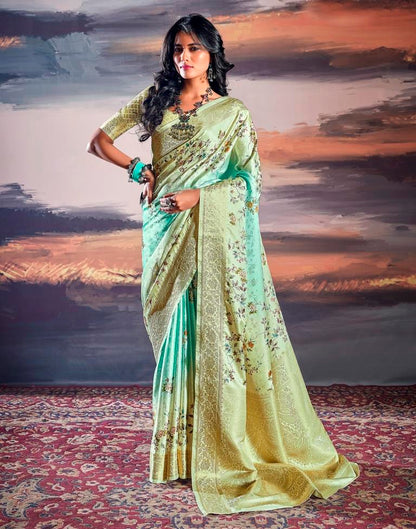 Beige &amp; Light Green Silk Woven Saree