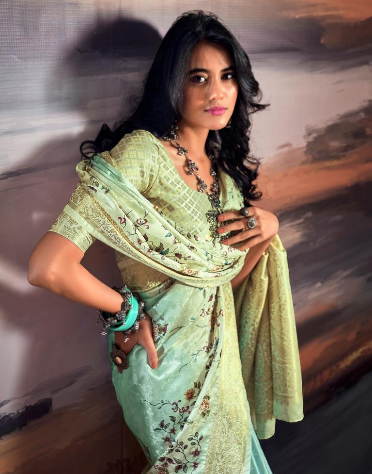 Beige &amp; Light Green Silk Woven Saree