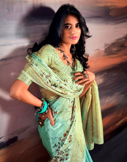 Beige &amp; Light Green Silk Woven Saree