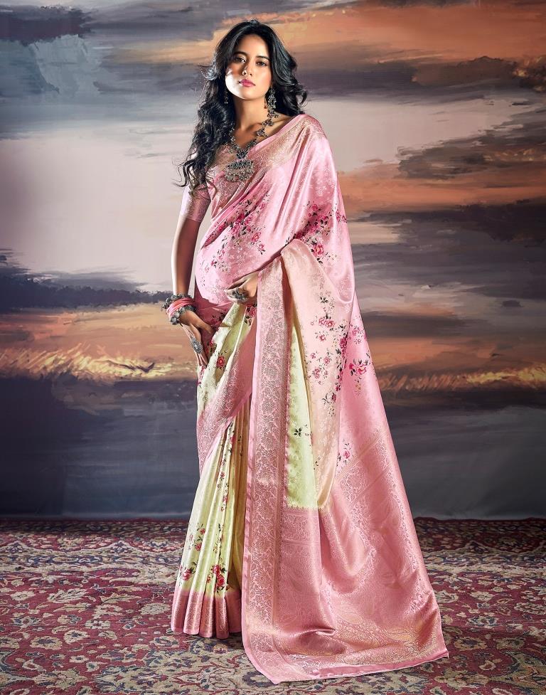 Beige &amp; Pink Silk Woven Saree