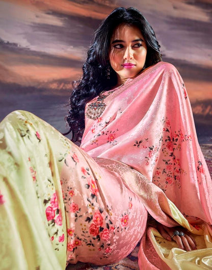 Beige &amp; Pink Silk Woven Saree