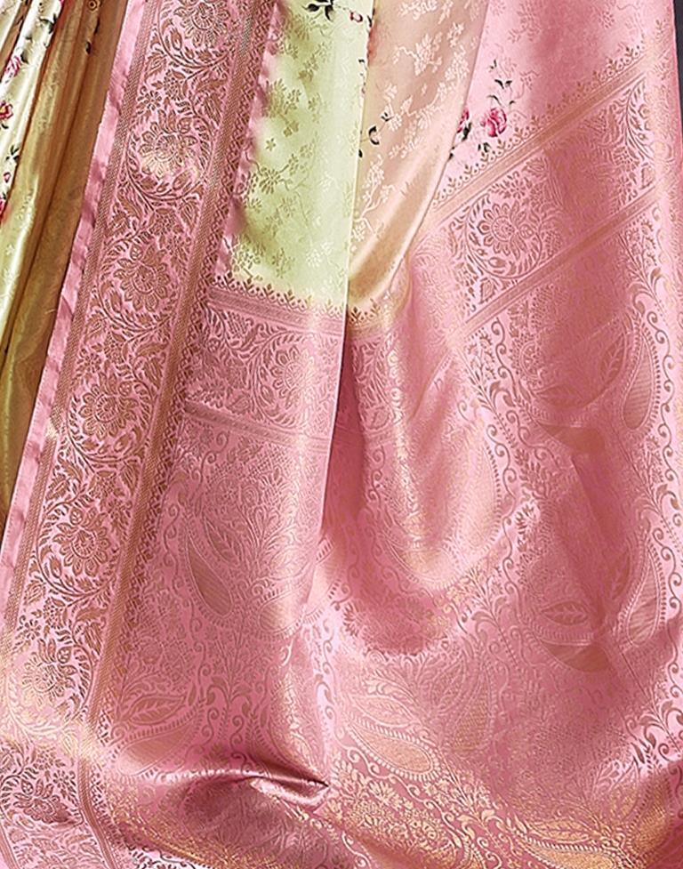 Beige &amp; Pink Silk Woven Saree