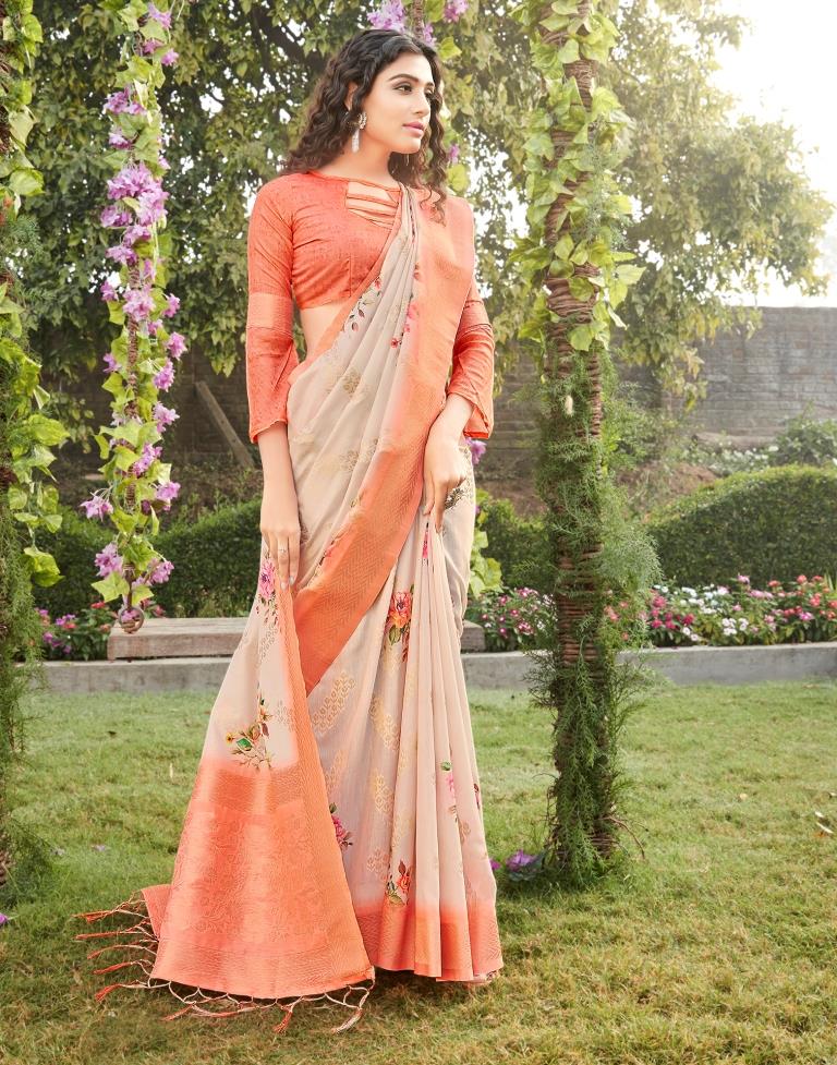 Light Peach Cotton Woven Saree