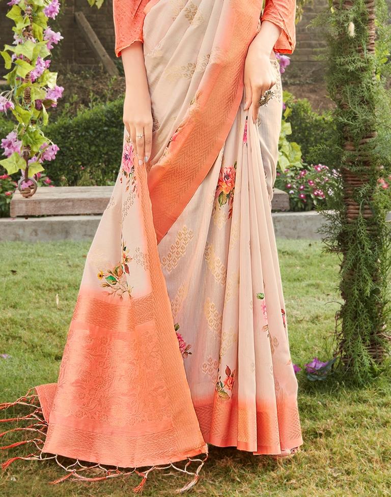 Light Peach Cotton Woven Saree