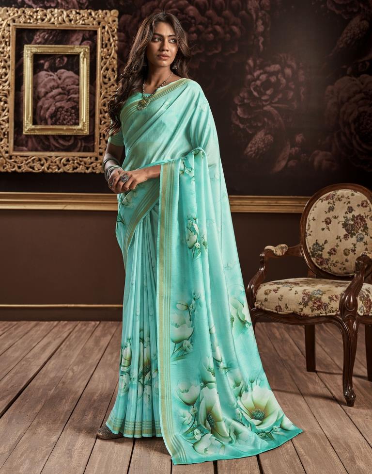 Turquoise Silk Printed Saree