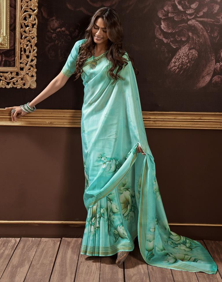 Turquoise Silk Printed Saree