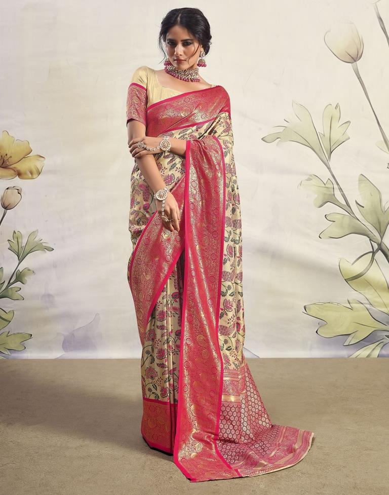 Golden &amp; Red Silk Woven Saree