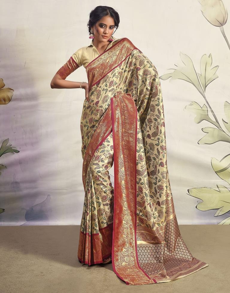 Golden &amp; Maroon Silk Woven Saree