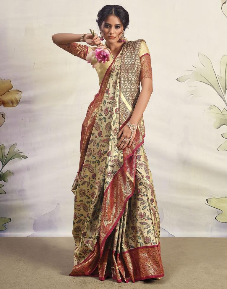 Golden &amp; Maroon Silk Woven Saree