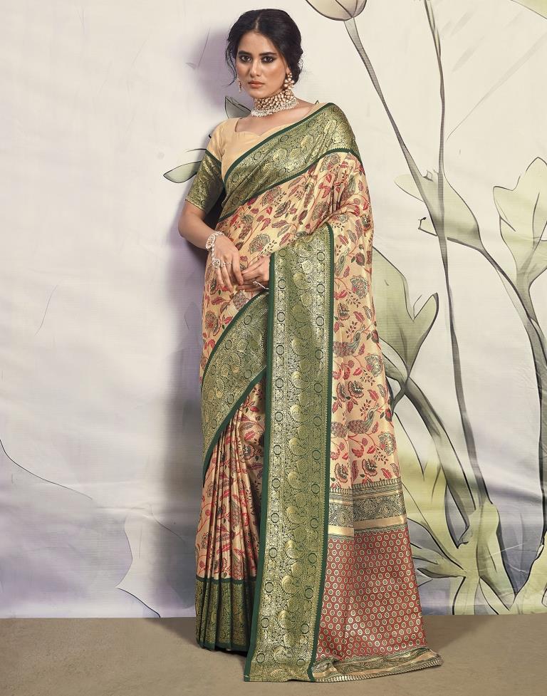 Golden &amp; Dark Green Silk Woven Saree