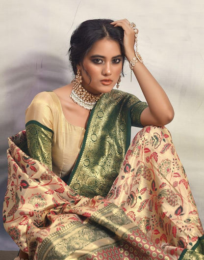 Golden &amp; Dark Green Silk Woven Saree